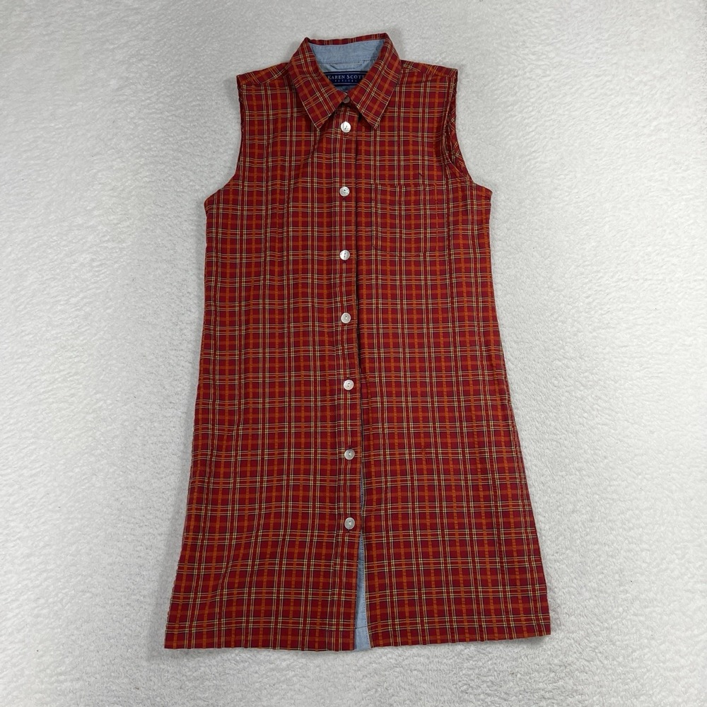 Karen Scott Petites Sleeveless Mini Plaid Shirt Dress Red Orange Womens Small